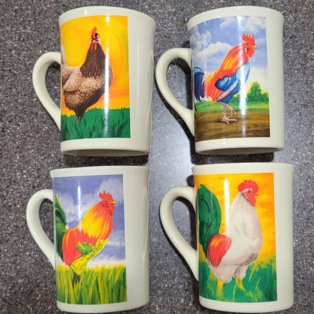 Rooster Mugs set of 4 Cups Coffee Tea Bay Island Vintage Farm Designs Slim 8 oz - Picture 11 of 16